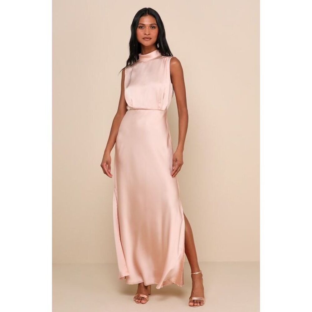 Lulus Classic Elegance Blush Satin Sleeveless Mock Neck Maxi Dress Pink